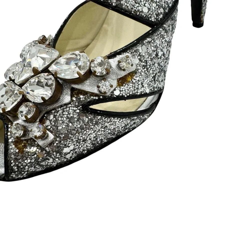 MIU MIU 2006 RUNWAY SILVER GLITTER STILETTO SANDALS w/CRYSTAL EMBELLISHMENTS